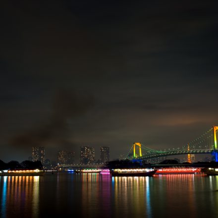 東京の夜景とライトアップされた屋形船