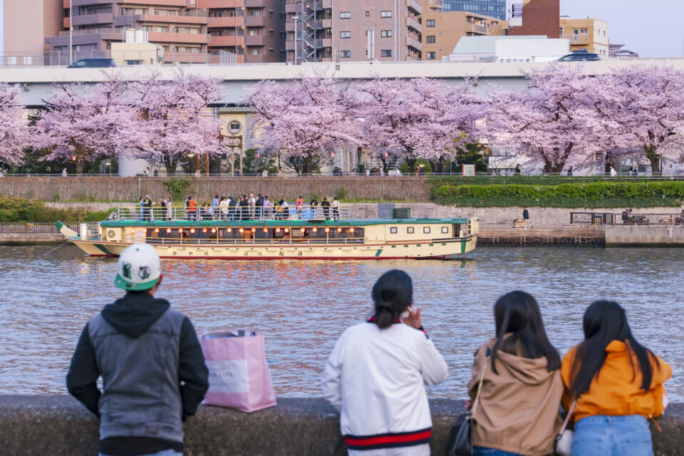 屋形船と桜を眺めている人々