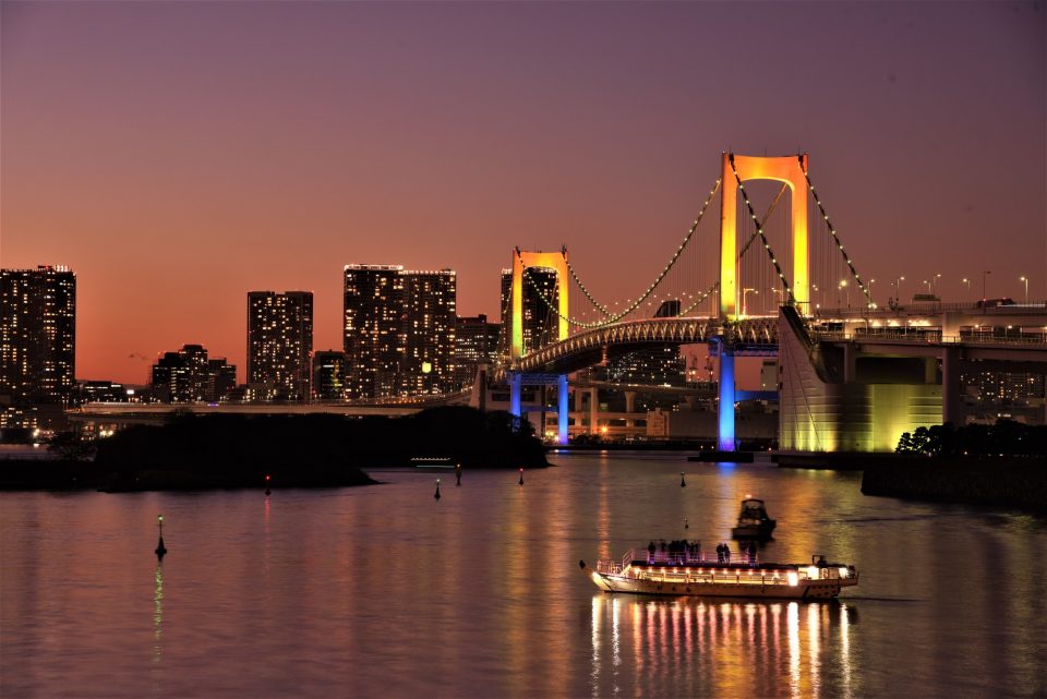 ライトアップされたレインボーブリッジと東京の夜景